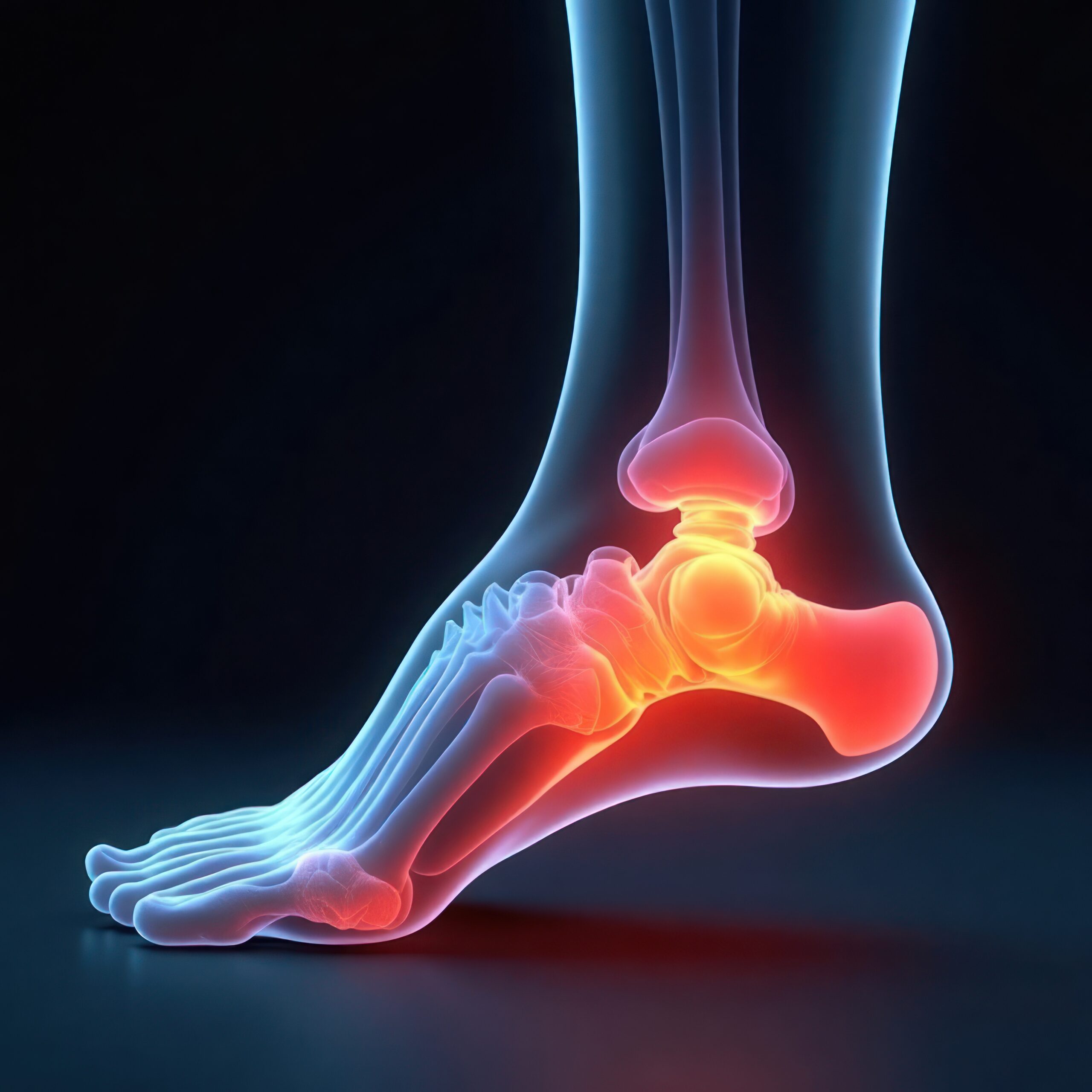Medical illustration of foot anatomy plantar fasciitis pain. Heel pain, arch pain emphasized. Image shows bones, ligaments with highlighted areas of intense pain. Visual aids in understanding heel