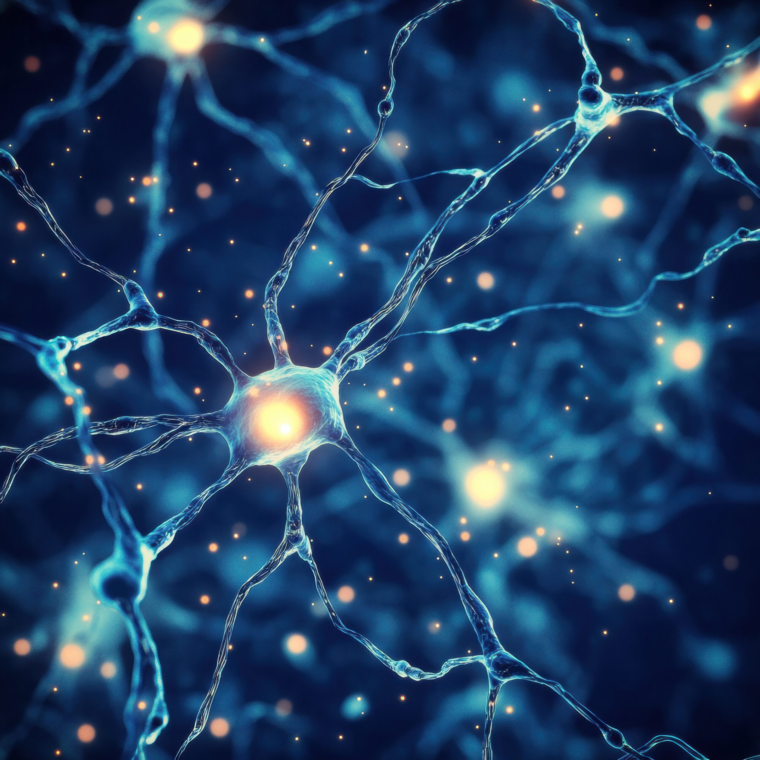 Exploring neural networks showcasing glowing neurons in a dark blue background. Generative AI