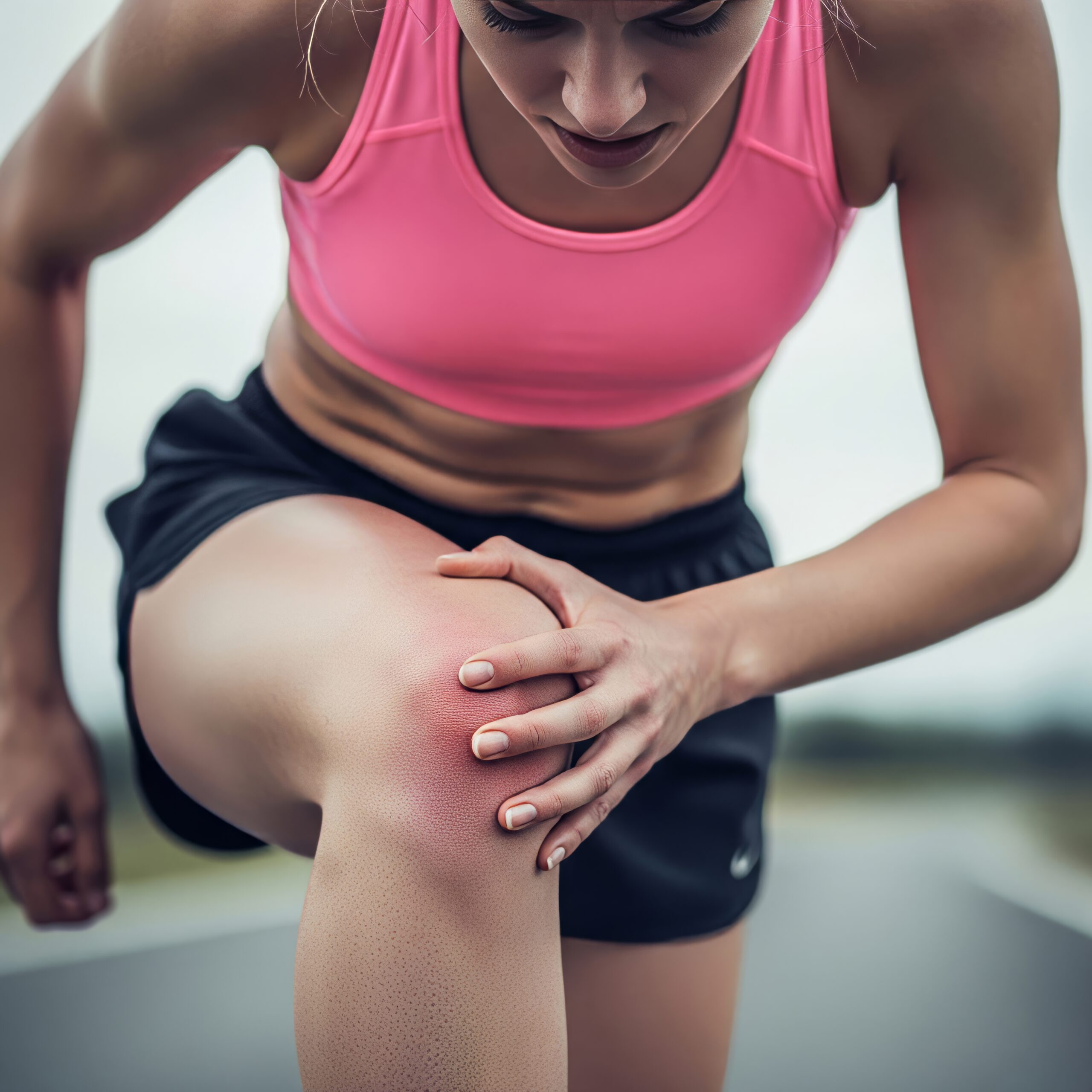 Runner training knee pain. Female runner knee injury and pain