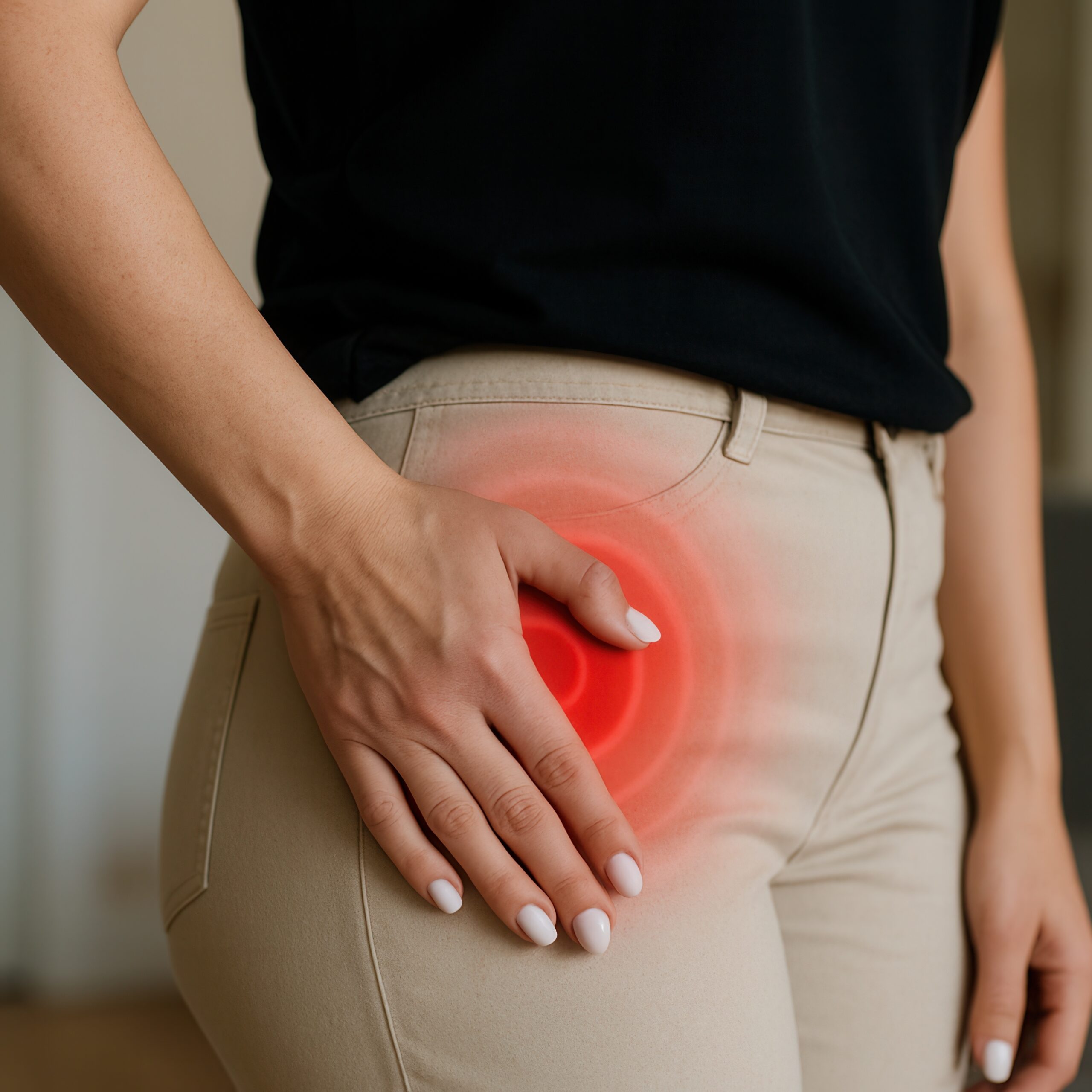 Woman suffering from hip pain, holding her side with hand